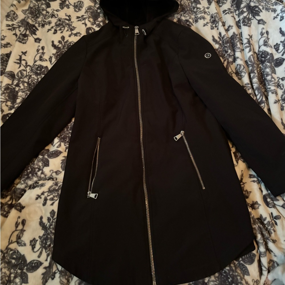 Calvin Klein size Large women’s waterproof zip-up hooded trench coat black